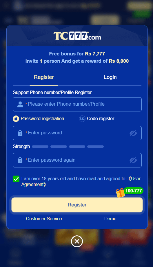 TC777 registration screen showing the phone number field, password field, password strength meter and the 18+ user agreement checkbox