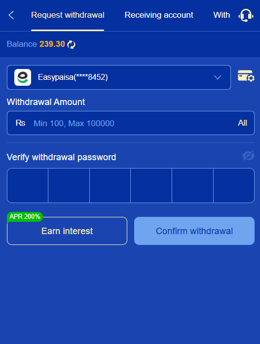 TC777 request withdrawal screen on a funded account showing an Easypaisa receiving account, an amount field labelled minimum 100 and maximum 100000, and a six-digit withdrawal password entry